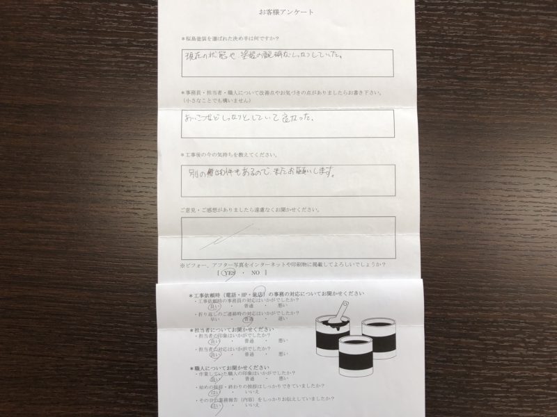 アパート屋根、外壁塗装・通路防水工事が完了したＹ様より